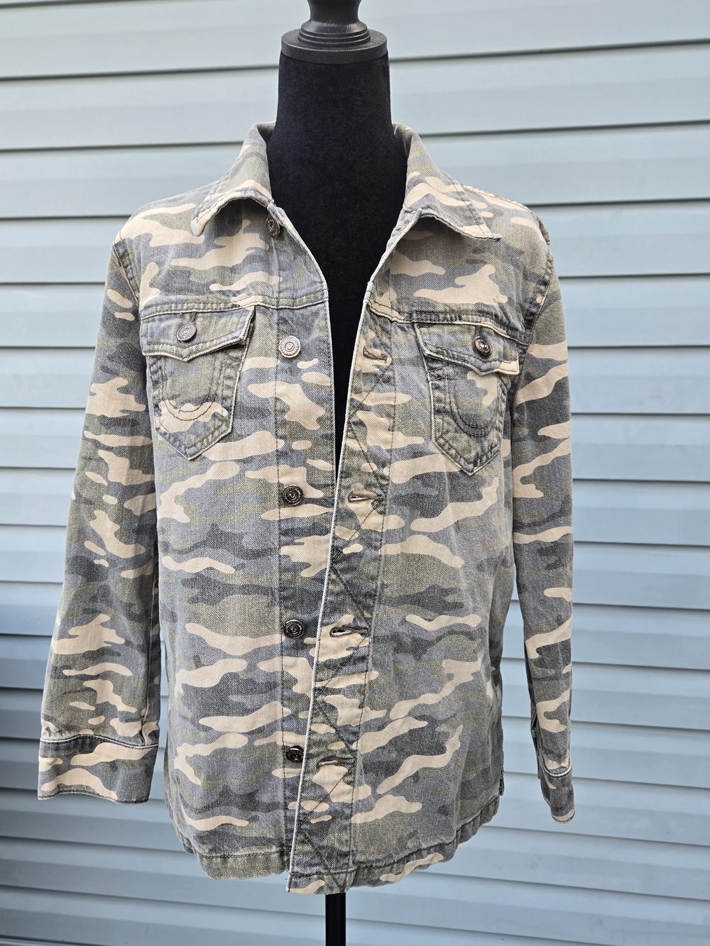 True Religion Womens Camo Trucker Jacket Medium Cotton Linen Blend Military
